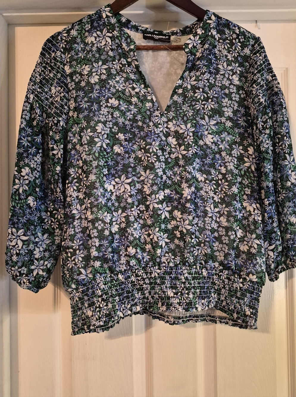 Karl Lagerfeld Floral Split V-Neck Blouse - Blue, Green, White Medium